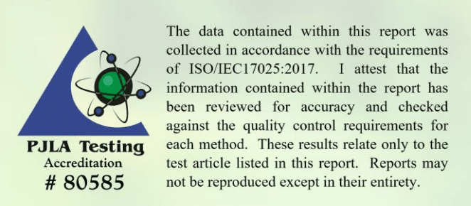 An example of an ISO 17025 certification on a certificate of analysis